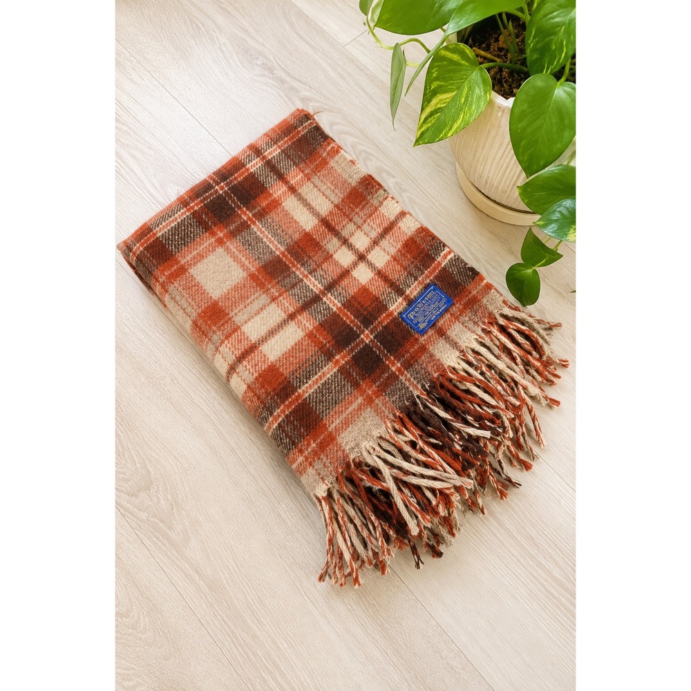 Vintage Pendleton Pure Virgin Wool Plaid Throw Blanket Made USA Rust Brown Beige